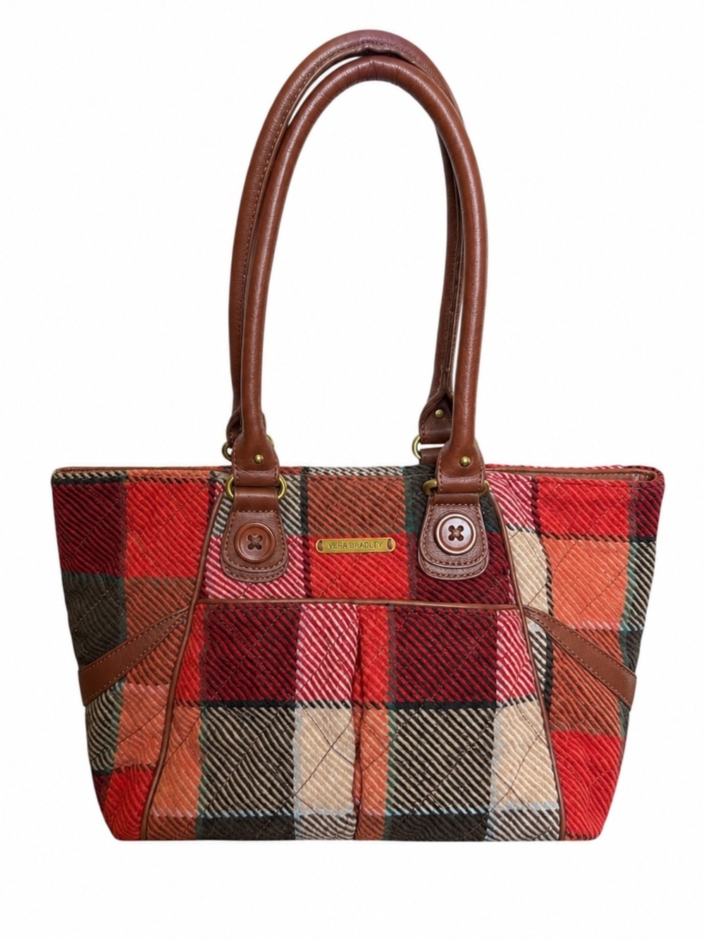 Vera Bradley Red Plaid Wool & Brown Leather Shoulder Bag - Picture 1 of 10